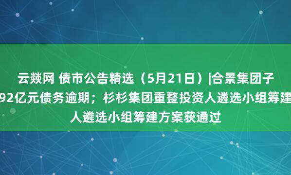 云燚网 债市公告精选（5月21日）|合景集团子公司新增1.92亿元债务逾期；杉杉集团重整投资人遴选小组筹建方案获通过